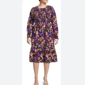 Terra & Sky Midi Dress 2X Floral Tiered Ruffle Long Puff Sleeve Cottagecore Plus